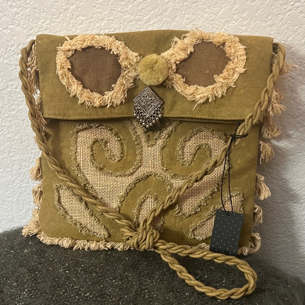 Crosstree Lane Artisan Woven Fold-over Crossbody Bag - Fringe Pompom Indie Metal